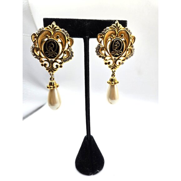 Vintage OSCAR DE LA RENTA signed clip statement earrings 2.5" dangle pearl - Picture 7 of 8